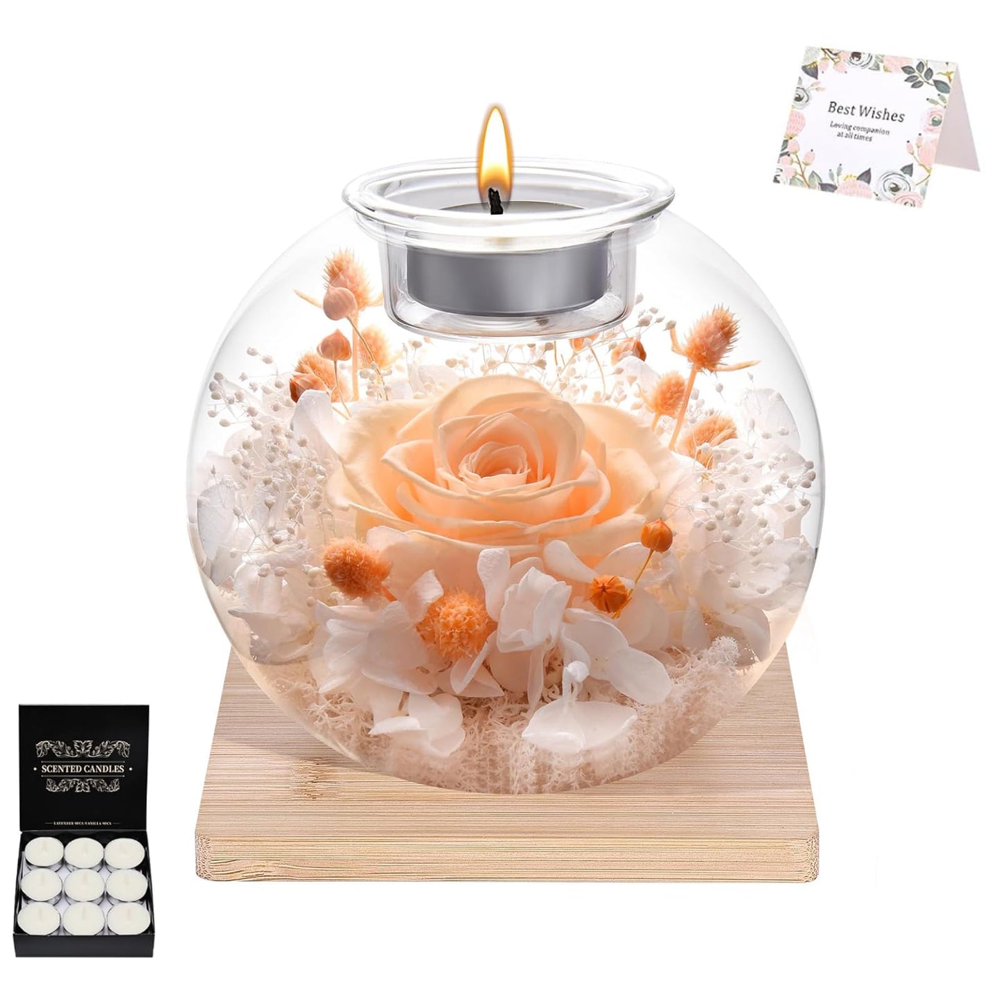 Champagne Forever Flowers Scented Candle in Glass Dome-Long Lasting Aroma Home Decor | Unique Birthday Gift for Women, Mom, Girlfriend, Wife | Ideal for Mother's Day, Valentine's Day, Christmas
