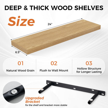 Fun Memories Floating Shelves for Wall, 24" Rustic Wood Deep Wall Mounted Shelves with Invisible Brackets for Decor & Storage, Floating Shelf for Living Room, Bathroom (Oak, Set of 2)