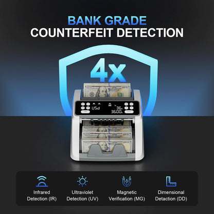 Money Counter Machine with Value Count for USD and EUR, UV MG IR Counterfeit Detection, Count Add Batch Auto Modes, Cash Counter with LED Display, Compact Powerful Design,Gray