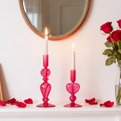 DN DECONATION Pink Glass Candle Holders Set of 2 – Heart Taper Candle Holders for Valentine's Day, Candlestick Holder Wedding Decorations, Farmhouse Home Coffee Table Decor & Housewarming Gifts