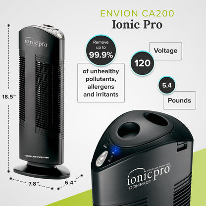 Ionic Pro Compact Air Purifier Tower, Never Replace Filters, Quiet Negative Ion Technology, Captures Pollutants, Pet Dander, Dust, Odor, Smoke, and More, CA200, Cleans Rooms Up to 300 sq. ft