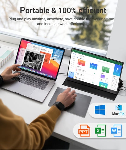 Ingnok Portable Monitor, 15.6inch FHD 1080P Travel Monitor, Ultra-Thin, USB-C Plug&Play, Built-in Speakers, Portable Screen for Laptop, Mac, Switch/PS5, Travel&Office Assistant