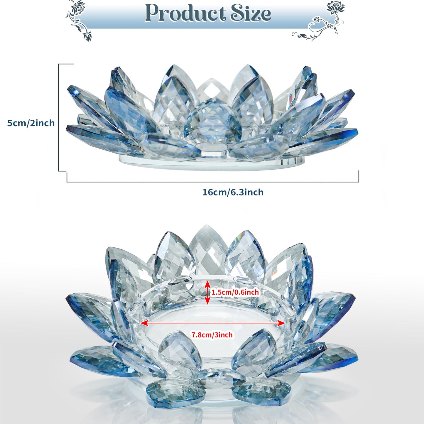 Kolnlala Large Crystal Lotus Tealight Candle Holder for Up to 6" Diameter Pillar Candlestick, Chunky Glass Votive Stand for Wedding, Party, Table Centerpiece Decor and Yoga Meditation (1, Blue)