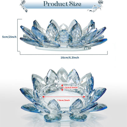 Kolnlala Large Crystal Lotus Tealight Candle Holder for Up to 6" Diameter Pillar Candlestick, Chunky Glass Votive Stand for Wedding, Party, Table Centerpiece Decor and Yoga Meditation (1, Blue)