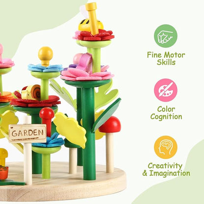 Wooden Flower Garden Building Toys for Kids STEM Educational Activity Preschool Kit Gift for Boys Girls Age 3 4 5 6 7 Years Old Stacking Game for Toddlers Build a Bouquet Spring Gifts