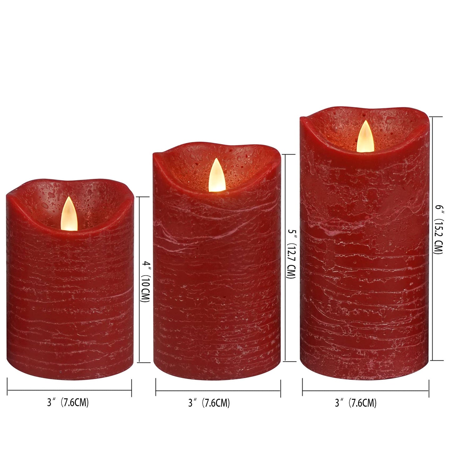CANDLE CHOICE Battery Operated Flameless Candles with Timer Real Wax Realistic Flickering Electric LED Pillars Automatic Built-in Daily Cycle Timer 6-Hour on 18-Hour Off Set of 3 Rustic Texture Red