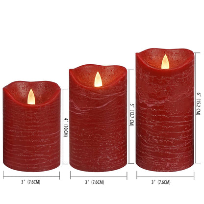 CANDLE CHOICE Battery Operated Flameless Candles with Timer Real Wax Realistic Flickering Electric LED Pillars Automatic Built-in Daily Cycle Timer 6-Hour on 18-Hour Off Set of 3 Rustic Texture Red