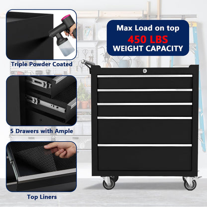 SierraSquad Rolling Tool Chest with Wheels, 5-Drawer Tool Storage Cabinet, Portable Tool Box Organizer with Locking System & Drawer Liners, Tool Cart for Garage Workshop, Black