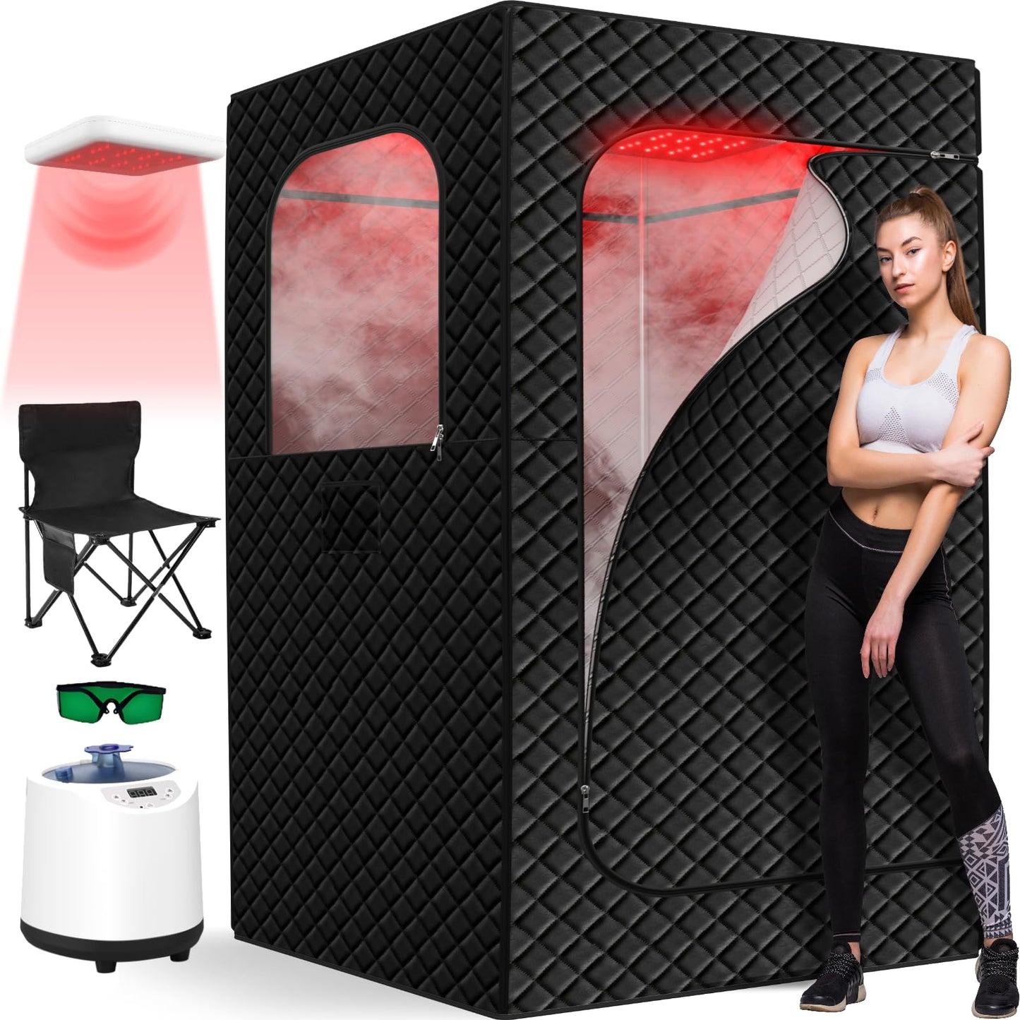 iTHERAU Infrared Home Steam Sauna Box, Portable Personal Sauna at Home with 660nm 850nm Red Light Therapy Lamp, 3L Steamer, Folding Chair, 15 Levels, Full Body Steam Saunas Room for Relaxation