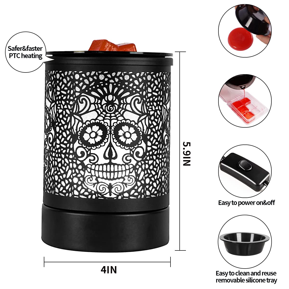Enaroma Fragrance Wax Melts Warmer with 7 Colors LED Changing Light Classic Black Forest Design Scent Oil Candle Warmer for Home Skull