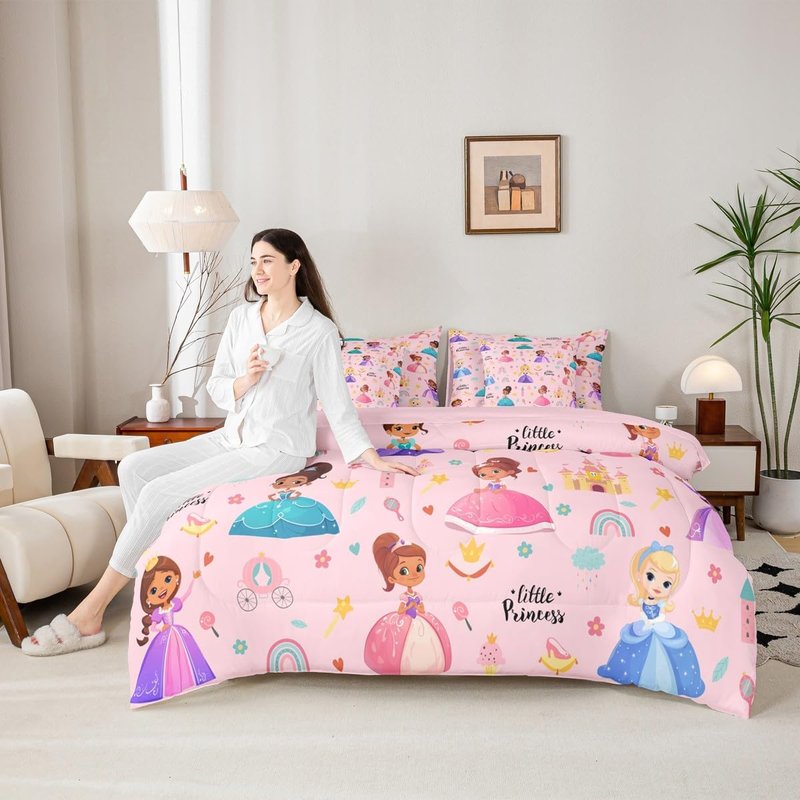 Erosebridal Kids Magical Princess 7 Piece Twin Comforter Set Bed in a Bag, Girly Cute Castle Microfiber Bedding for Sofa, Cartoon Rainbow Fitted Sheets Set for Kids Girls, Pink Princess Bed Set