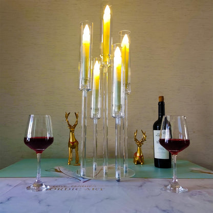 2Pcs Acrylic Candelabra Centerpieces for Wedding,Clear Crystal 5 Arm Candlesticks Holder with Acrylic Shade for Valentine's day Dinner Party Fireplace Gift Fit 0.87 LED Candle