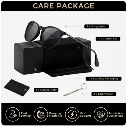 SUNGAIT Vintage Round Sunglasses for Women Men Classic Retro Designer Style (Black Frame(Matte Finish)/Polarized Grey Lens) 1567 PGHKH
