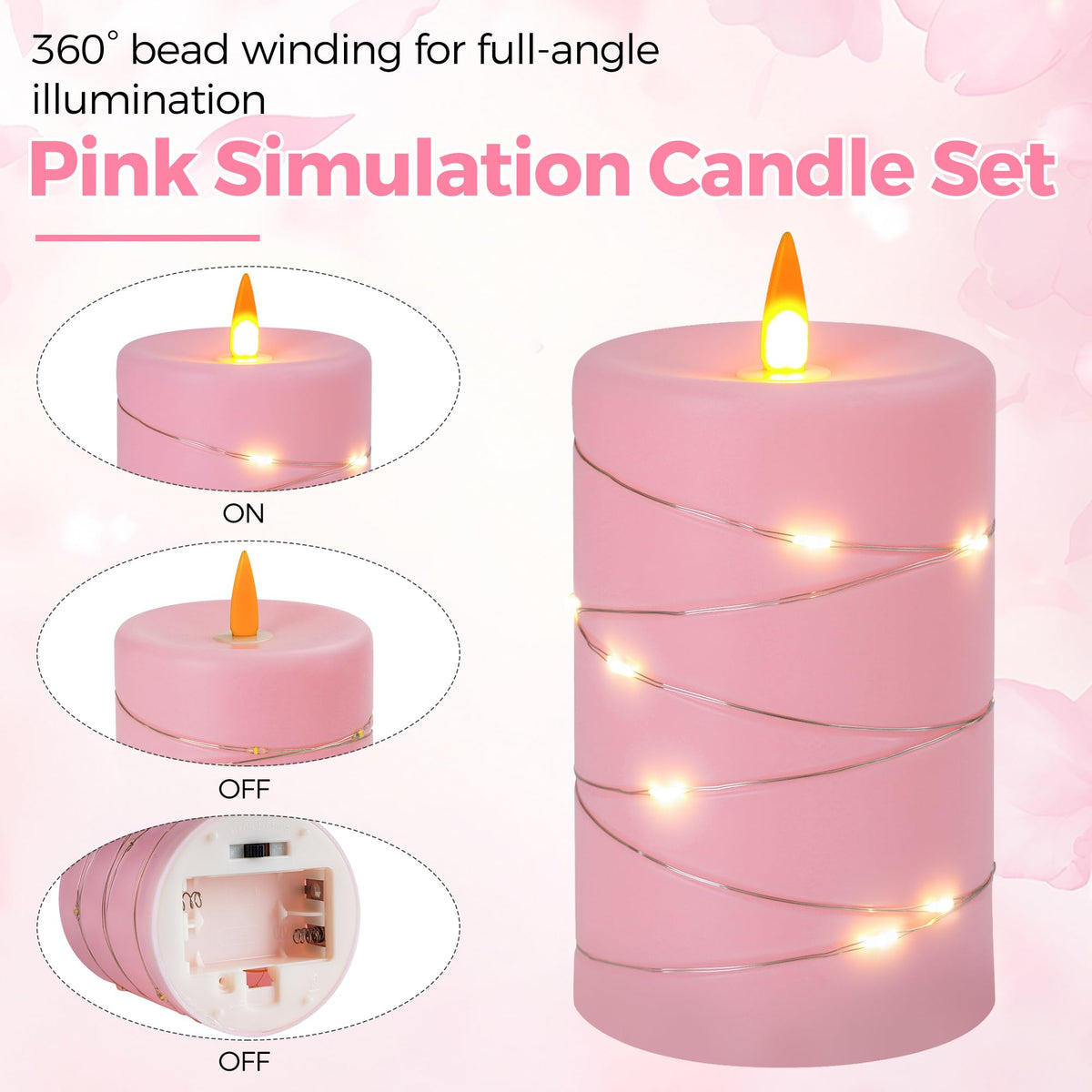 Fanzir Rose Pink Flameless Candles with String Lights Battery Operated Flickering LED Pillar Candles with Remote Control Timer, Set of 3 for Living Room, Table Décor, Christmas Weddings