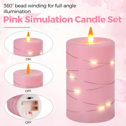 Fanzir Rose Pink Flameless Candles with String Lights Battery Operated Flickering LED Pillar Candles with Remote Control Timer, Set of 3 for Living Room, Table Décor, Christmas Weddings