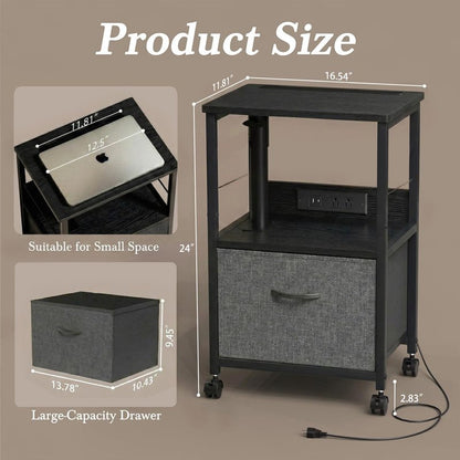 Faesun Swivel Lift Top Nightstand with Charging Station, Rolling Side Table for Recliner, Bedside Table with Wheels & a Fabric Drawer, for Small Spaces, for Bedroom, Living Room, Black Gray