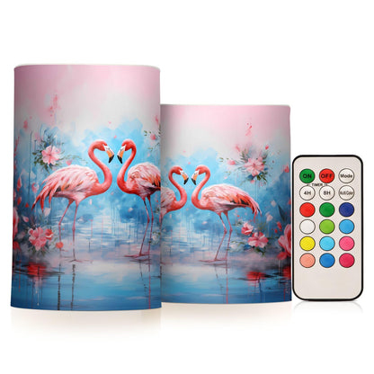 ALAZA Pink Flamingos with Flowers Flickering Flameless Candles Battery Operated with Remote Timer,Tea Light Candles LED Pillar Votive Candles Set of 2 for Outdoor Indoor Decorations