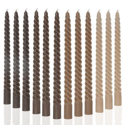 MAITREYA Brown Taper Candles Stick Spiral Twisted Candles-Set of 12 for Decoration Weddings Party Church-Unscented Dripless Candles,10inch(F-Gradient Brown)