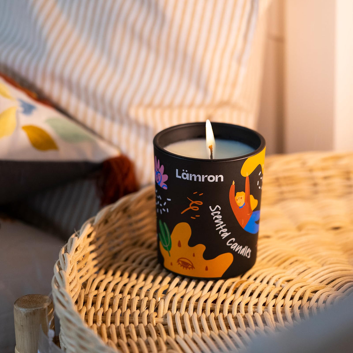 Lamron Cashmere Wood Chestnut Candle - Cozy Winter Scented Candles for Home, 7.1oz Premium Coconut Wax with Cute Art, 45H Long Burn, Warm Aesthetic Home Decor Gift