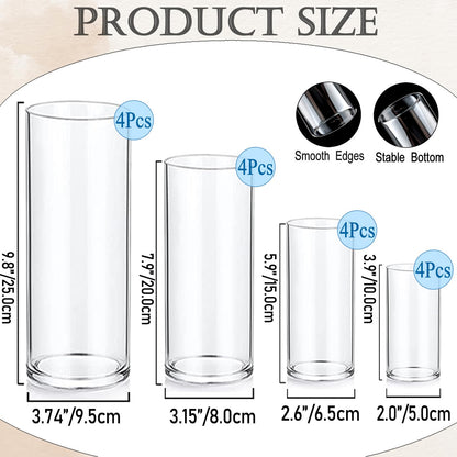 UDU Set of 16 Cylinder Glass Vases and 24 Pcs Floating Candles for Centerpiece, 4,6,8,10 Inch Tall Clear Hurricane Candle Holder Glass Vases for Centerpiece Table Wedding Home Decor