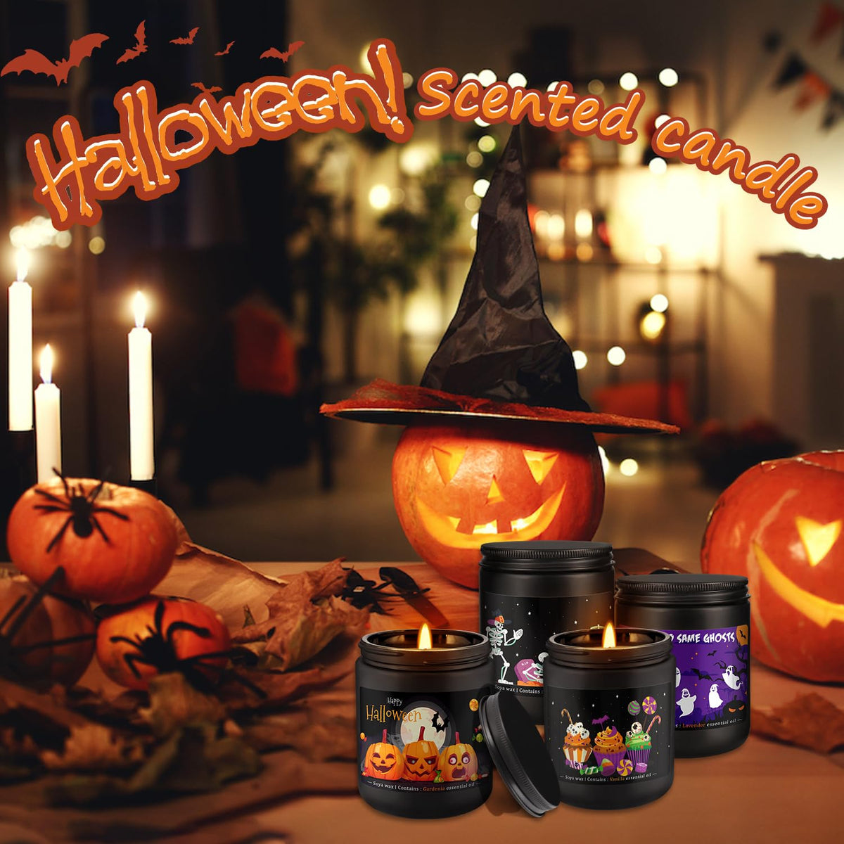 CLTNIKET Halloween Scented Candle Set, 4-Pack 7oz Soy Wax Candles with 4 Fragrances, Long-Lasting Burning for Halloween, Christmas, Home Decor, Rituals & Themed Parties.
