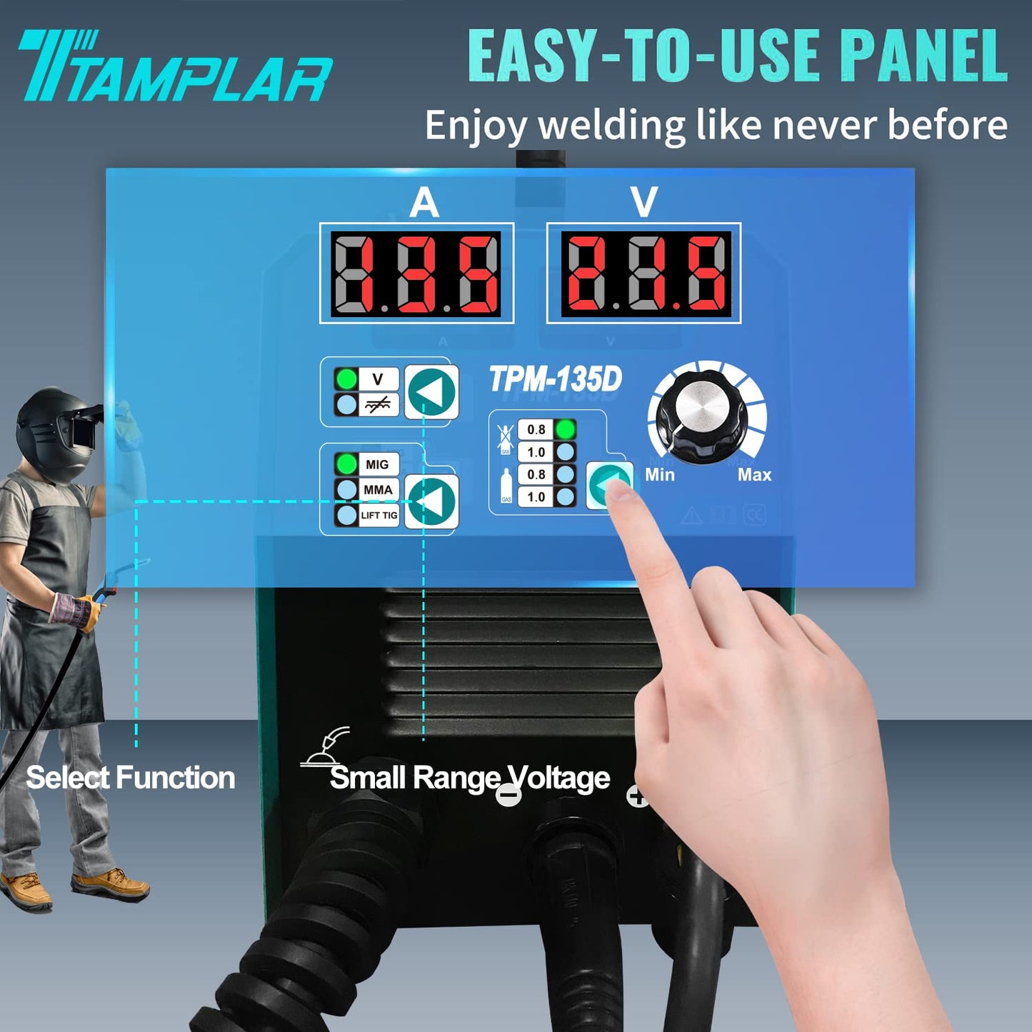 TTAMPLAR MIG Welder - 135AMP 110V&220V Dual Voltage 4 in 1 Flux MIG/Solid Wire/Stick ARC/Lift TIG Gas/Gasless welding, IGBT Inverter Welding Machine TPM-135D