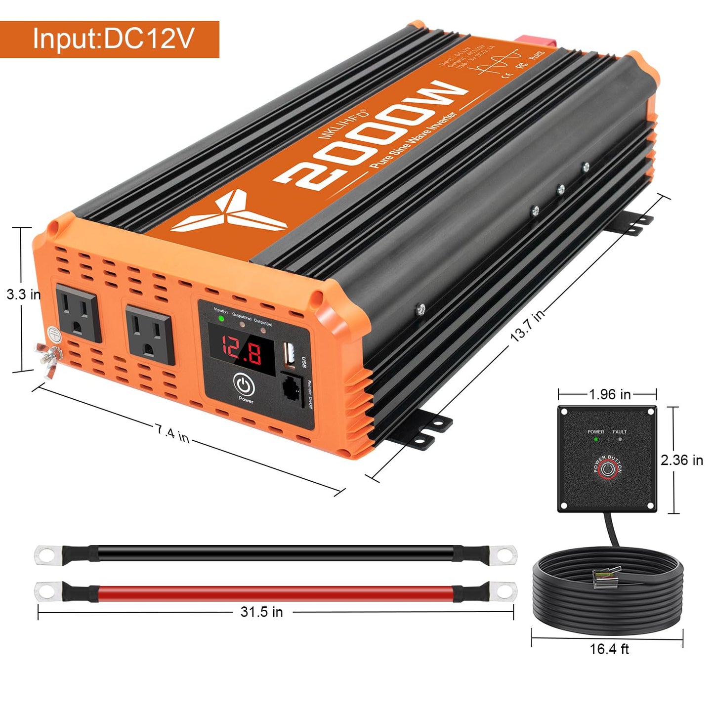 MKLIHFD 2000 watt Pure sine Wave car Inverter 12V DC to 120V AC, 4000W Surge Peak Power, Inverter for RV, Truck, Solar, Campers with 2 AC Outlet, Remote Control Compatible with Lithium Battery
