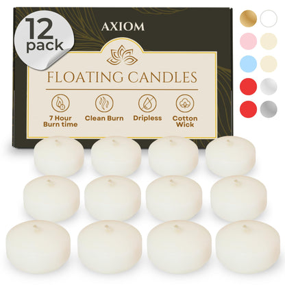 Axiom Floating Candles for Centerpieces - Floating Candle 2 inch Hand-Rolled Paraffin, Cotton Wicks, 4-Hour Clean Burn (Ivory, 12 Count)