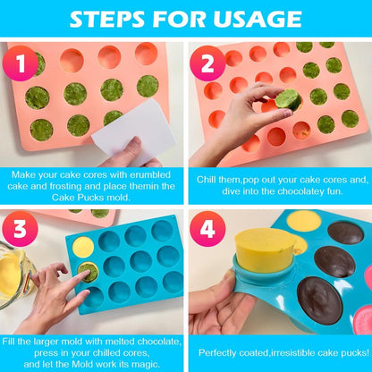 Cake Puck Mold Set,SAGOOITS 2 Different Sizes Chocolate Covered Cake Silicone Molds, 24-Cavity and 12-Cavity Round Cake Pop Molds with 2 Spatulas for DIY Cake Cores, Chocolate Desserts,Cakepucks