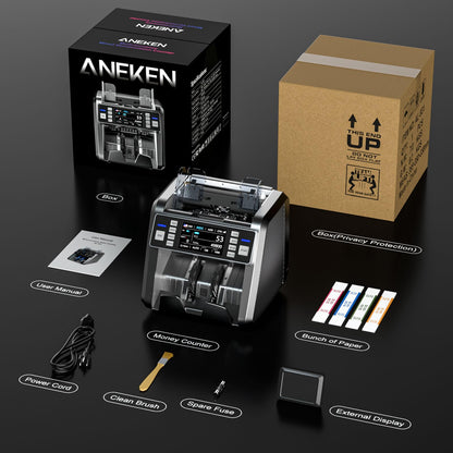 Aneken Mixed Denomination Money Counter with Counterfeit Detection, Touch Screen, and 2CIS/UV/MG/IR/DD/DBL/HLF/CHN, Value and Mixed Counting for Accurate Cash Counting, Gray