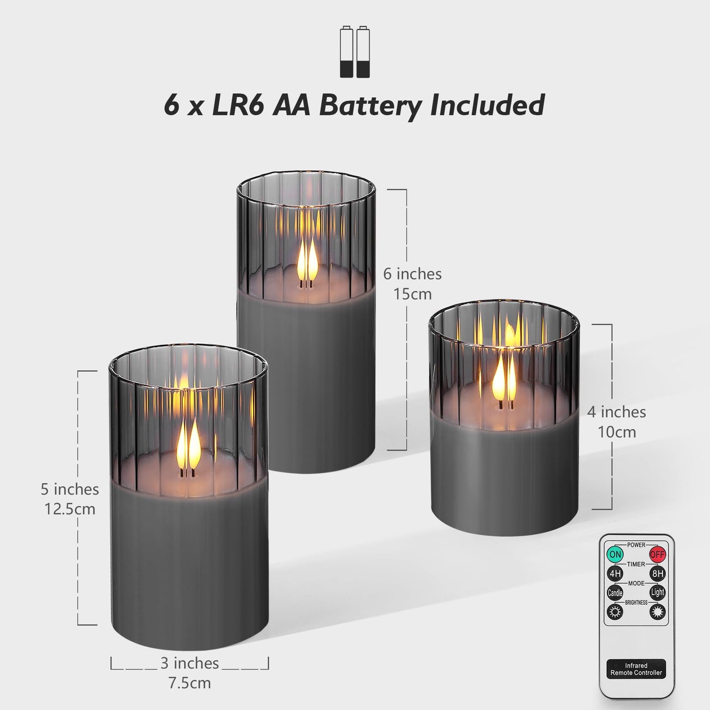 Rhytsing Smoked Ribbed Glass Battery Operated LED Candles with Remote, Flameless Candle with Timer Gift Set for Home Decor, Warm White Lights- Include 6 Batteries - Set of 3