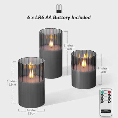 Rhytsing Smoked Ribbed Glass Battery Operated LED Candles with Remote, Flameless Candle with Timer Gift Set for Home Decor, Warm White Lights- Include 6 Batteries - Set of 3