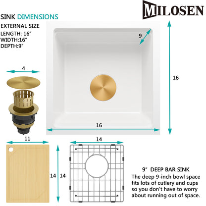 MILOSEN White Undermount Bar Sink, 16×16 Inch Small White Granite Composite Wet Bar or Prep Sinks with Cutting Board, 9 Inch Deep Outdoor Single Bowl Small Workstation Sink with Gold Accessories