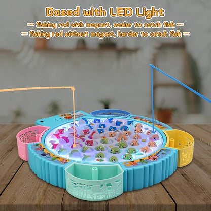 Light Up Fishing Game Toys Rotating Board Game with Music Including 45 Fishes and 8 Fishing Poles Party Game Toys for Kids Age 4 5 6 7 8 and Up