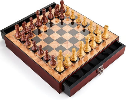 AMEROUS 17 inches Wooden Chess Set with High Polymer Weighted Chess Pieces / 2 Built-in Storage Drawers / 2 Extra Queens / 3.75'' King Classic Board Game