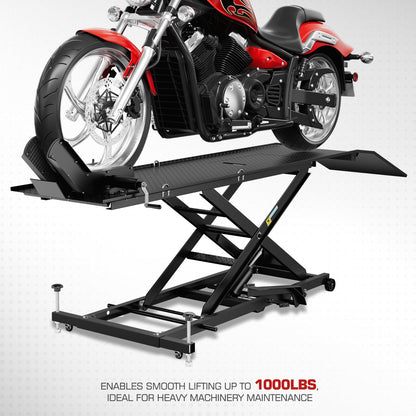 DNA Motoring Motorcycle Lift Table 1000lbs Capacity Motorcycle Support Stand L 86.2in x W 22in Motorcycle Lift Jack Lifting Range 7.2-30.3in Black TOOLS-00780