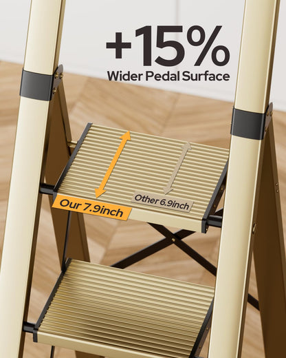 GameGem 6 Step Ladder for 12 Feet High Ceiling, Lightweight Aluminum Folding Step Stool with Convenient Handgrip, Stepladders with Anti-Slip and Wide Pedal for Home Use Space Saving - Gold