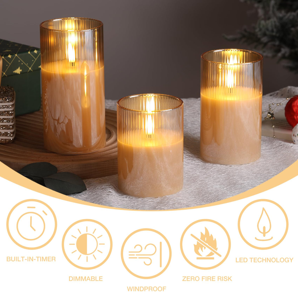 Eywamage Gold Ribbed Glass Flameless Pillar Candles with Remote, Flickering LED Wax Candles Battery Operated Set of 3