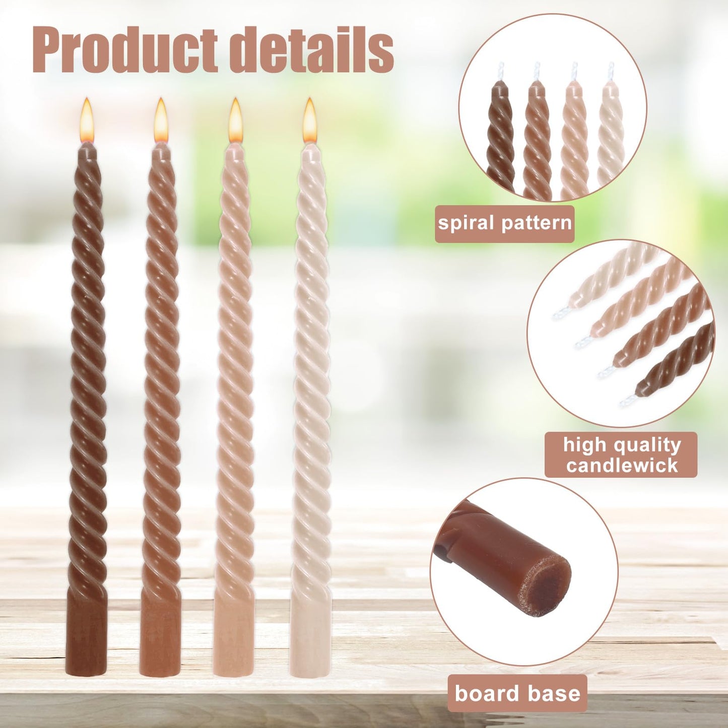Whaline 12 Pcs Gradient Brown Spiral Taper Candles Dripless Twisted Wax Candles 10 Inch Long Unscented Candle Sticks for Wedding Holiday Fall Party Home Dinner Table Decor