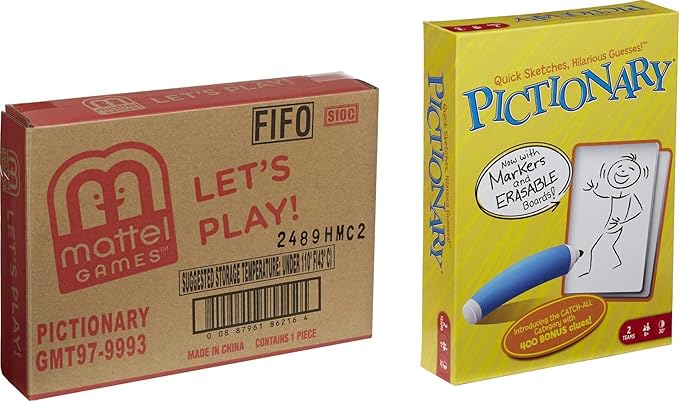 Mattel Games Pictionary Family Board Game for Kids Adults and Game Night for 2 Teams with Erasable Markers Boards and Sand Timer