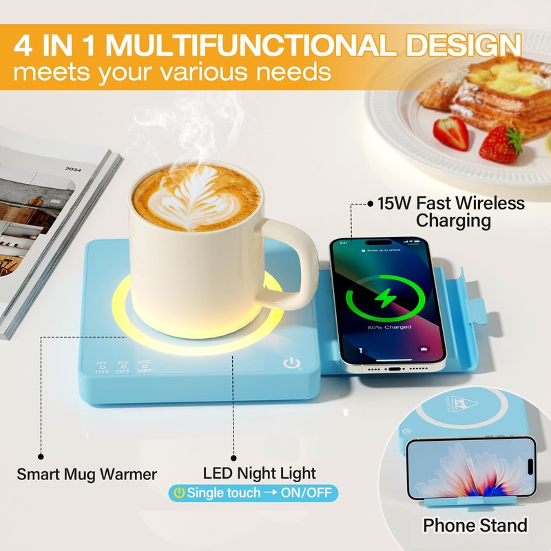 WHOLEV Coffee Mug Warmer, Smart Mug Warmer, 15W Wireless Phone Charging, 3 Heat Settings Temperature Controlled, 8H Auto Off, Candle Warmer, Safe for Heating Coffee, Beverage, Milk, Tea