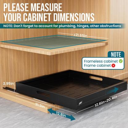 TAILI 2Pack Expandable Pull Out Cabinet Organizer, Adjustable Width 12.05"-20.4", 21" Deep, 3 Slide Rails, Raising Pads, Portable & No-Trace Removal, Tool-Free Installation, Black