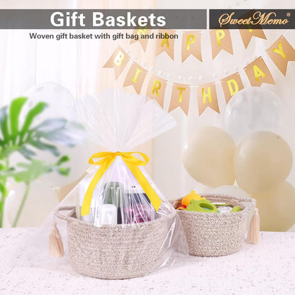 SweetMemo Mini Woven Rope Organizer Baskets - Decorative Gift Basket for Baby Showers & Makeup - Warm Brown