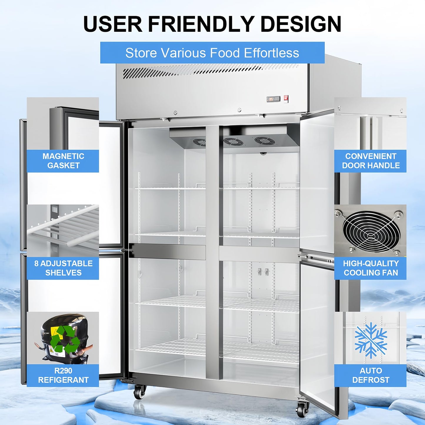 48"W Commercial Freezer 4 Door Stainless Steel Reach-in Solid Door Upright Fan Cooling 36 Cu.ft 2 Section Freezer -8-1°F for Restaurant, Bar, Shop