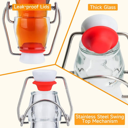 Swing Top Glass Bottles [1 Liter / 33 fl. oz.] [Pack of 4] – Flip Top Coquito Bottles for Kombucha, Fermentation, Beer, Kefir, Wine – Airtight Stopper Lids with Extra Gaskets, Funnel, Labels & More