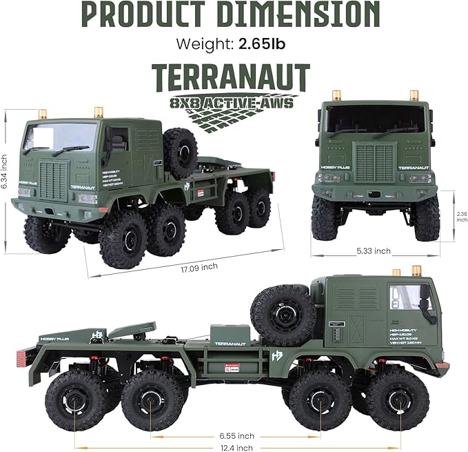 HOBBYPLUS Helidirect 1/18 RC Crawler CR18P Terranaut 8x8 RC Truck Remote Control Car w Full-Lock 8WD RTR Active All-Wheel Steering 2-Speed Transmission Recovery Winch LED Lights (Gray)