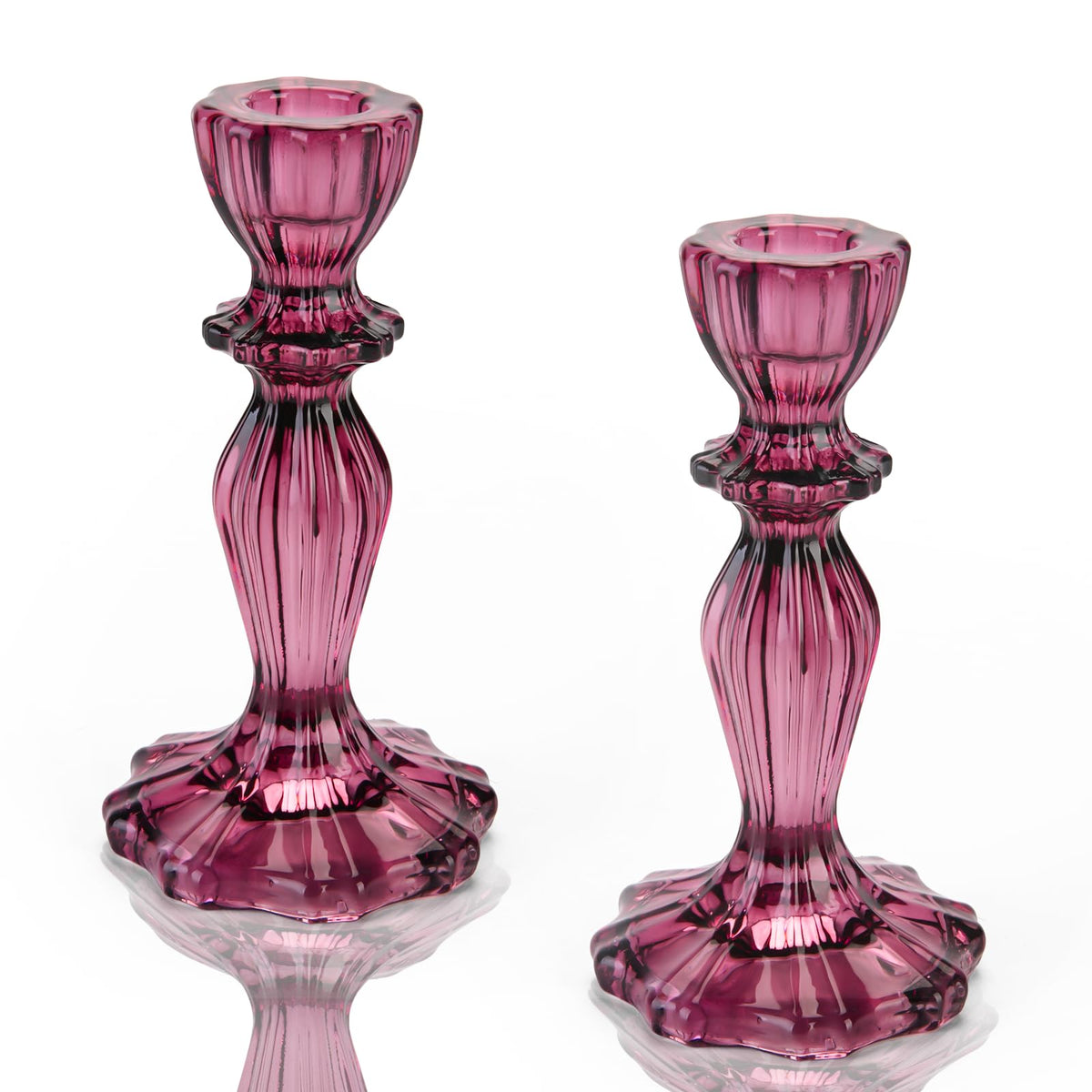 Glass Candle Holders, 2PCS Wide Base Candlestick Holder Decorative Candle Stand Table Centerpieces for Halloween Christmas Wedding Birthday Party, Dark Purple