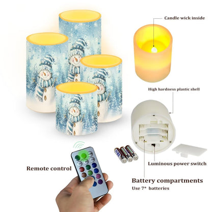 NETILGEN Christmas Holiday Decorative Flameless Candles with Battery Powered Multicolor Lights Timer Remote Control Candles Set of 4 Blue Snowman