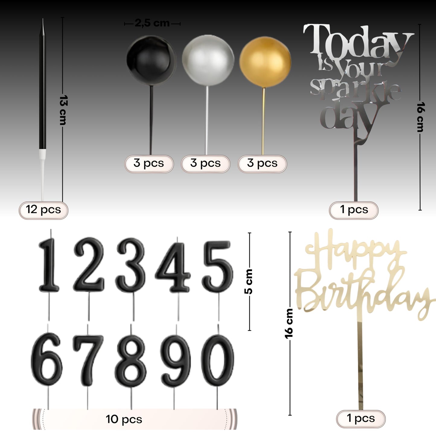 by Tugba Aydan - 33 Pcs Black Birthday Candle Set with Number Candles 0–9, Metallic Long Candles, Ball & Text Toppers – Complete Cake Decoration Kit for Kids & Adults Birthday Party