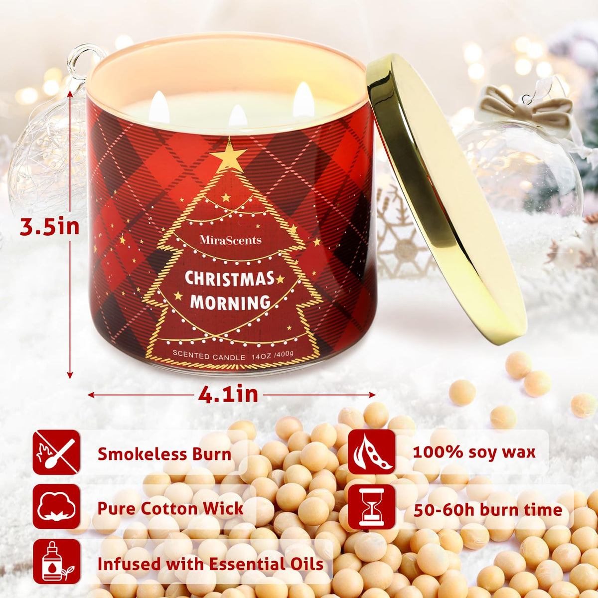 Christmas Scented Candle, MiraScents Christmas Morning Scented Candle, 3 Wicks Large Candle Natural Soy Wax Candles, Red Xmas Tree Candles Gifts, 14oz